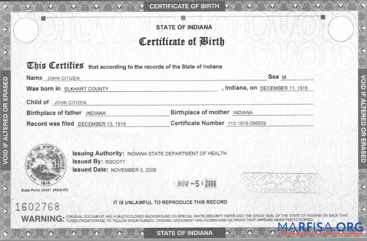 Downloadable United States Indiana State Department of Health birth certificate real example